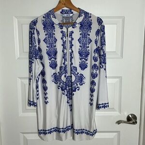 Peter Nygard Blue Patterned White Casual Shirt Large